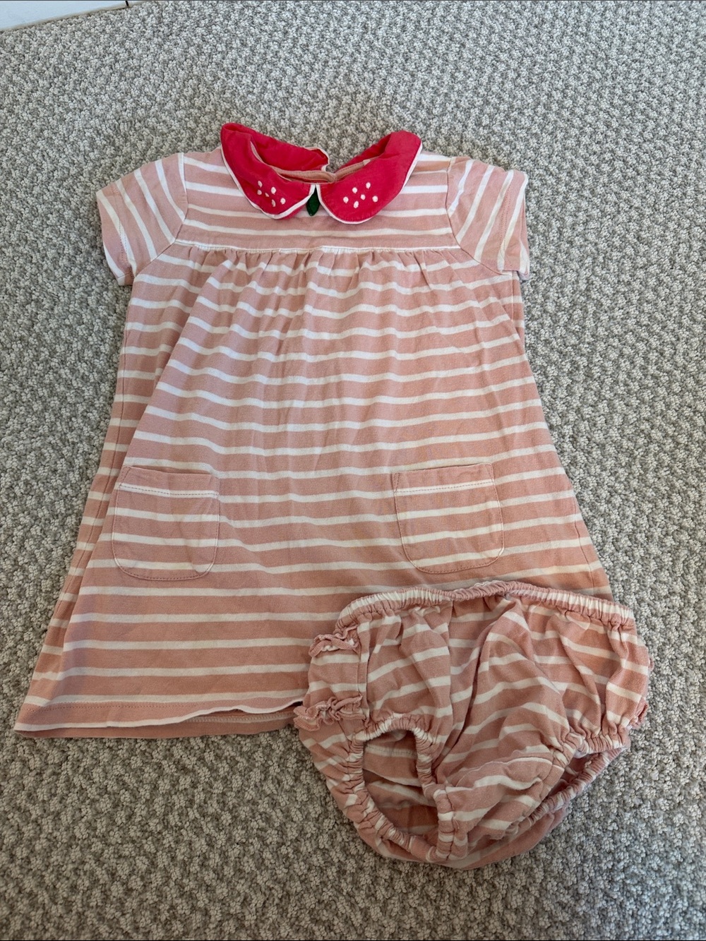Baby Boden Pink & White Striped Dress with Red Strawberry Collar